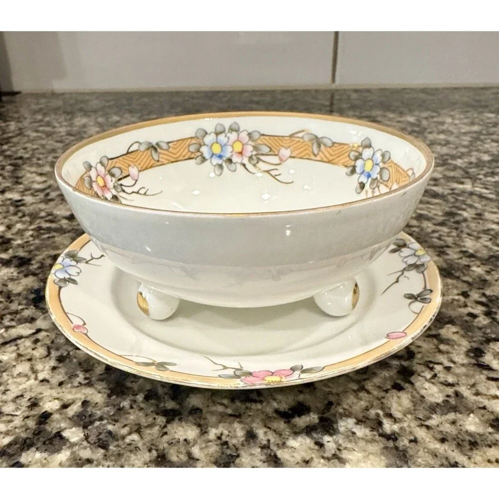 Nippon 3 Piece Mayo Set Hand Painted Bowl Saucer Ladle